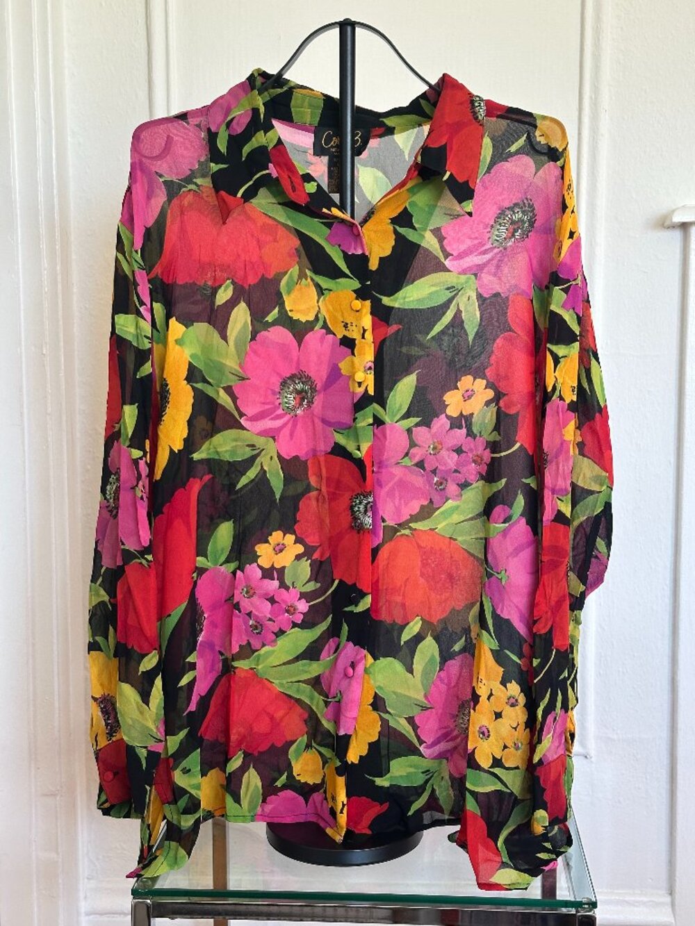 100% Silk Sheer Floral Blouse Bold Statement Print Lightweight Button Front 2X